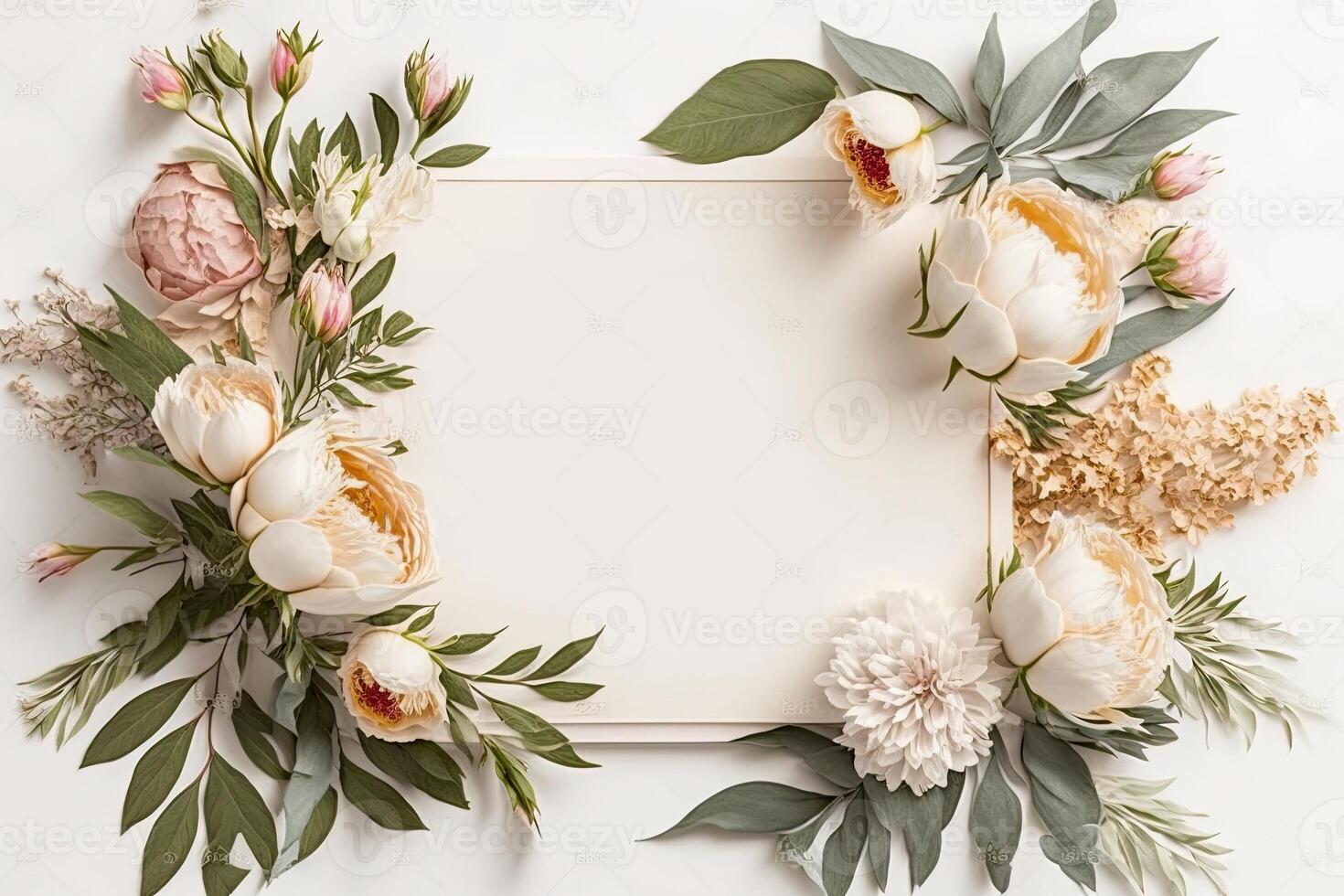 Blank white paper invitation message with flower frame top view Made with photo