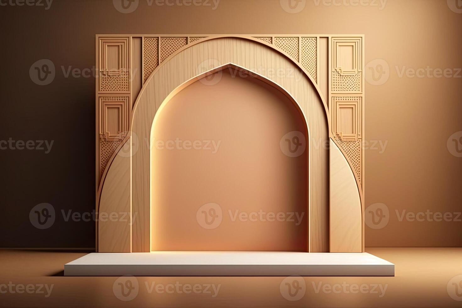 Wooden slamic ramadan podium platform for display product, presentation stage base photo