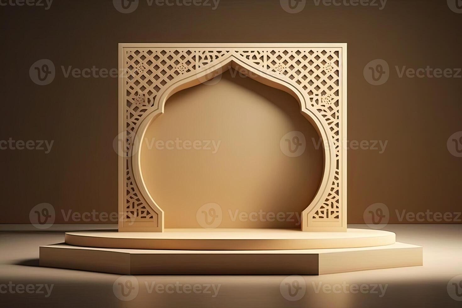 de madera slamico Ramadán podio plataforma para monitor producto, presentación etapa base ai generado foto