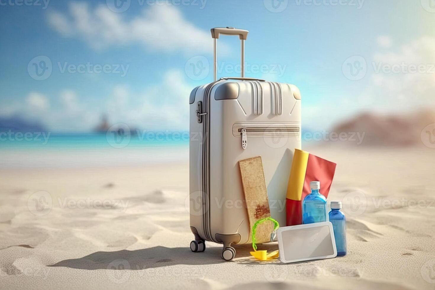 Beach holiday travel suitcase in sunny day Made with photo