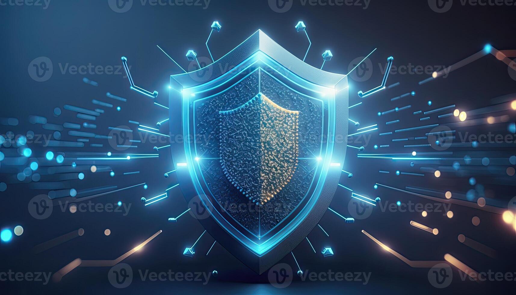 Cyber security digital data protection shield on blue background. Database security software development.Made with photo