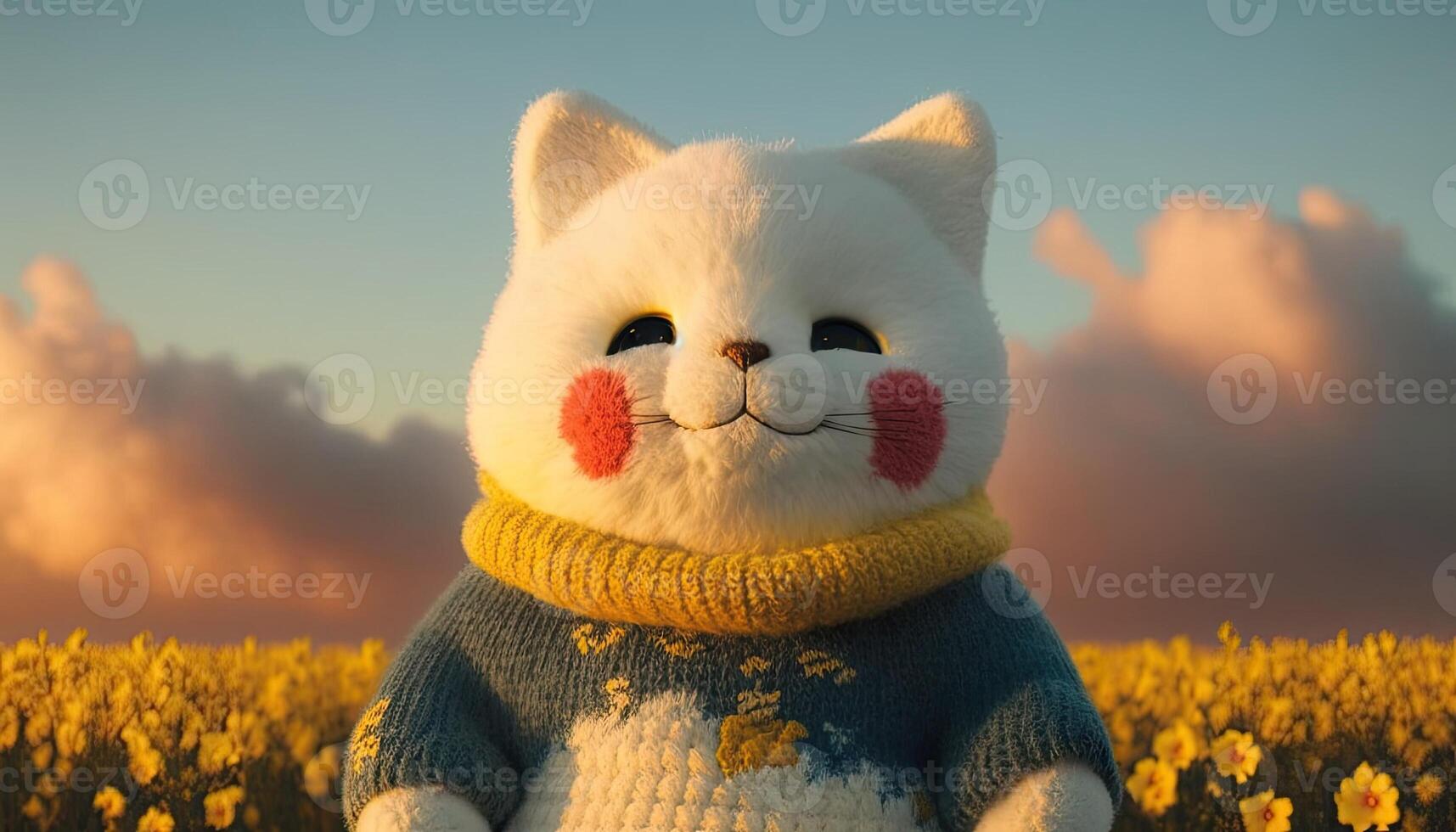 Cute rag cat doll romantic canola field Made with photo
