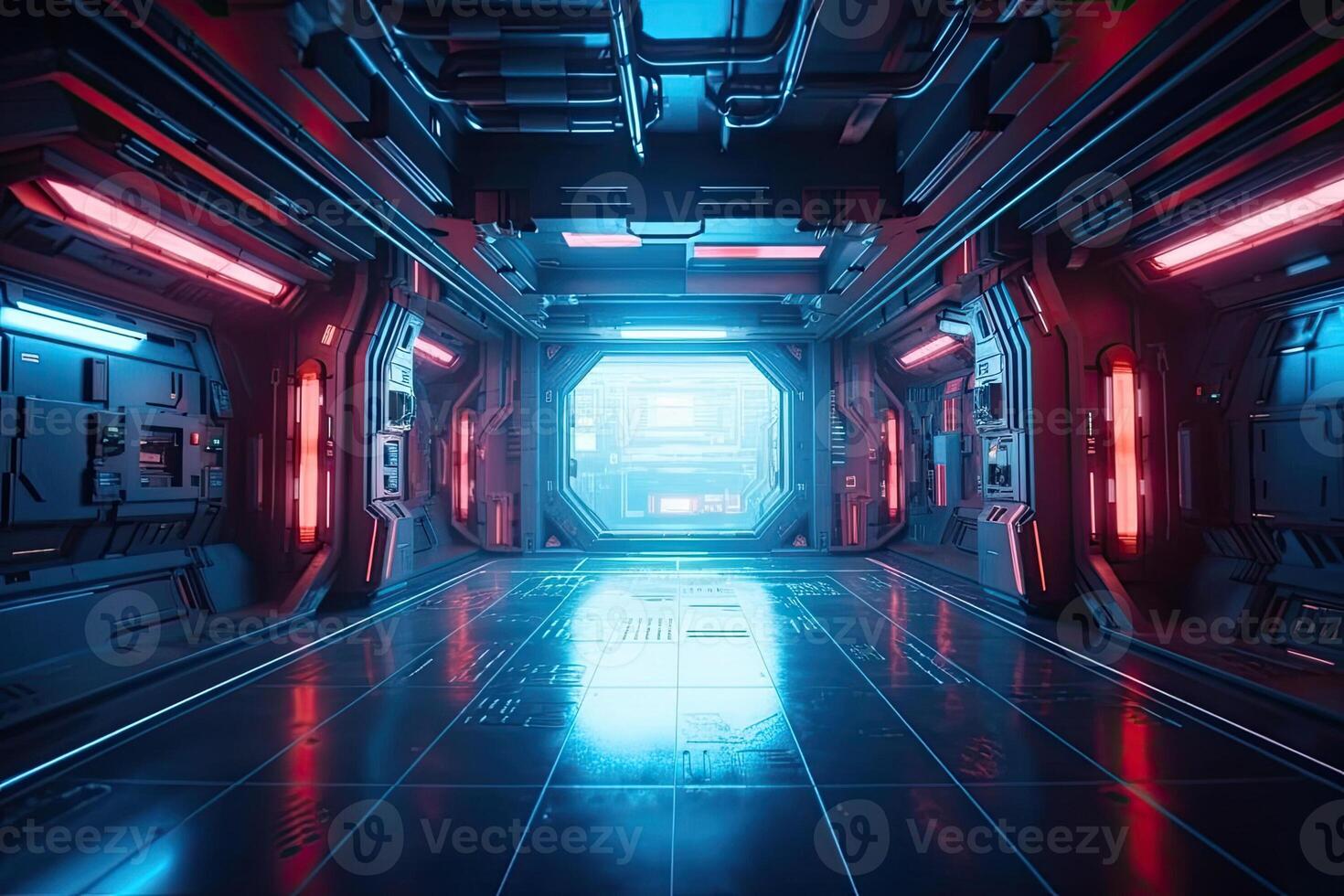 Futuristic corridor hallway tunnel with neon light. Hi-tech sci-fi passageway spaceship background photo