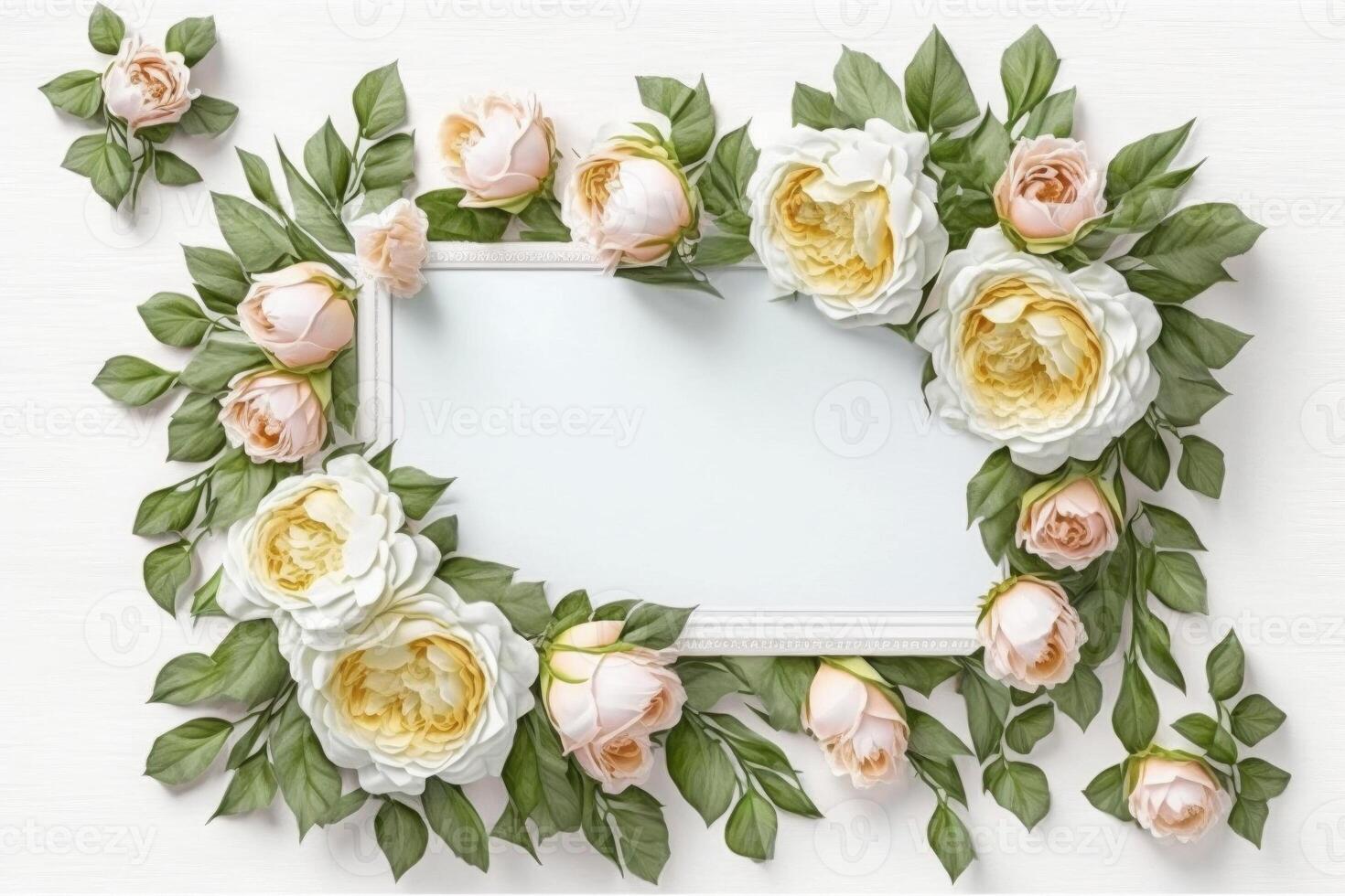 Blank white paper invitation message with flower frame top view Made with photo