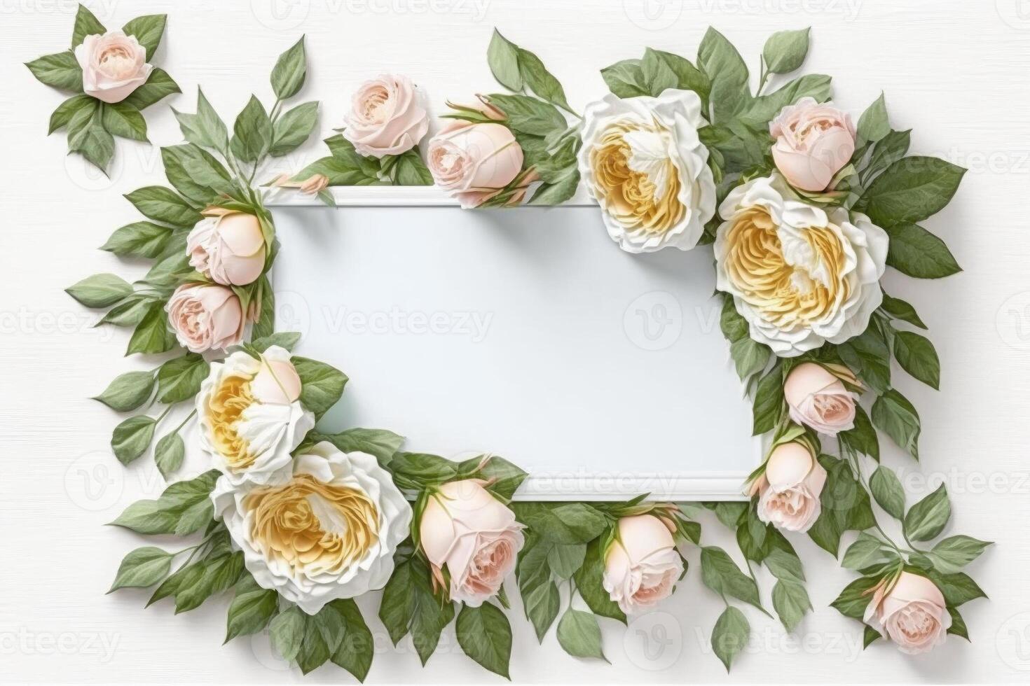 Blank white paper invitation message with flower frame top view Made with photo