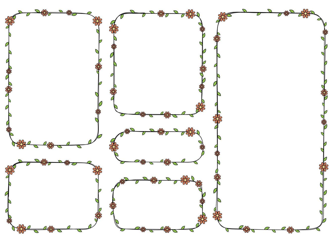 Hand drawn rectangle frame decoration element with flowers and leaves vector set