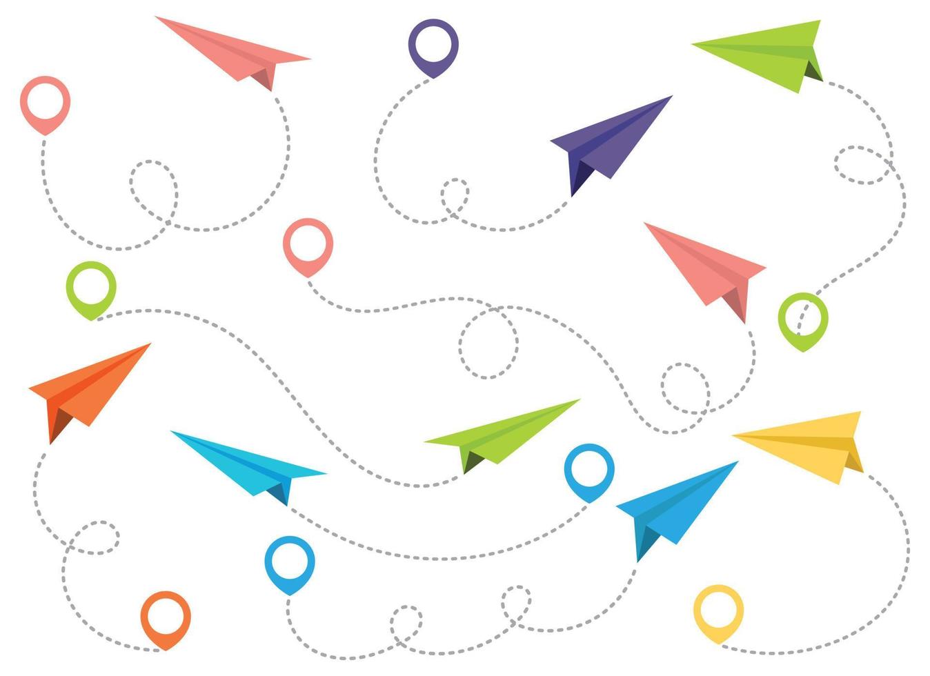 Paper airplane with dotted trace and map pointer pin vector