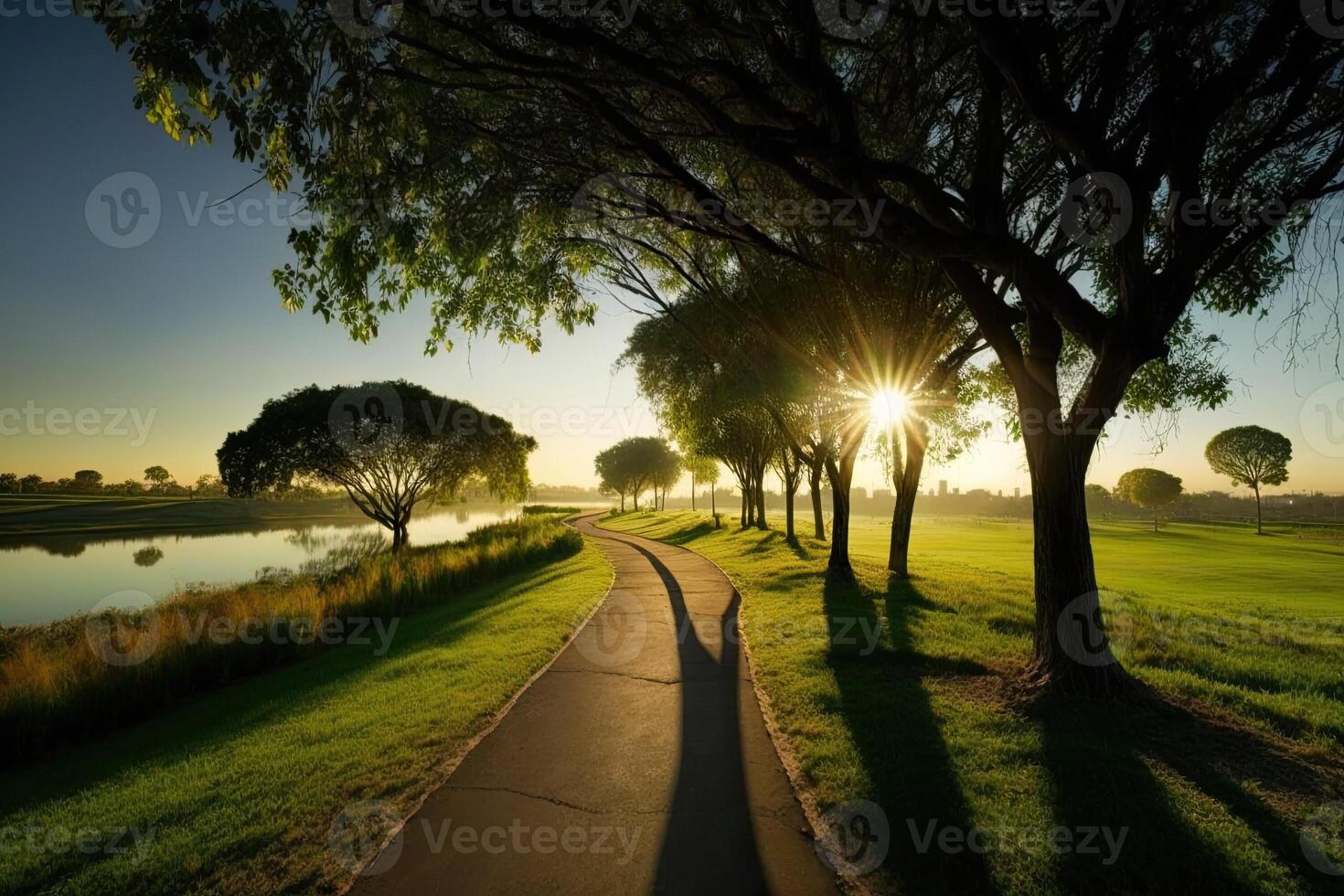 Morning jogging tracking sunlight on green hills Made with photo