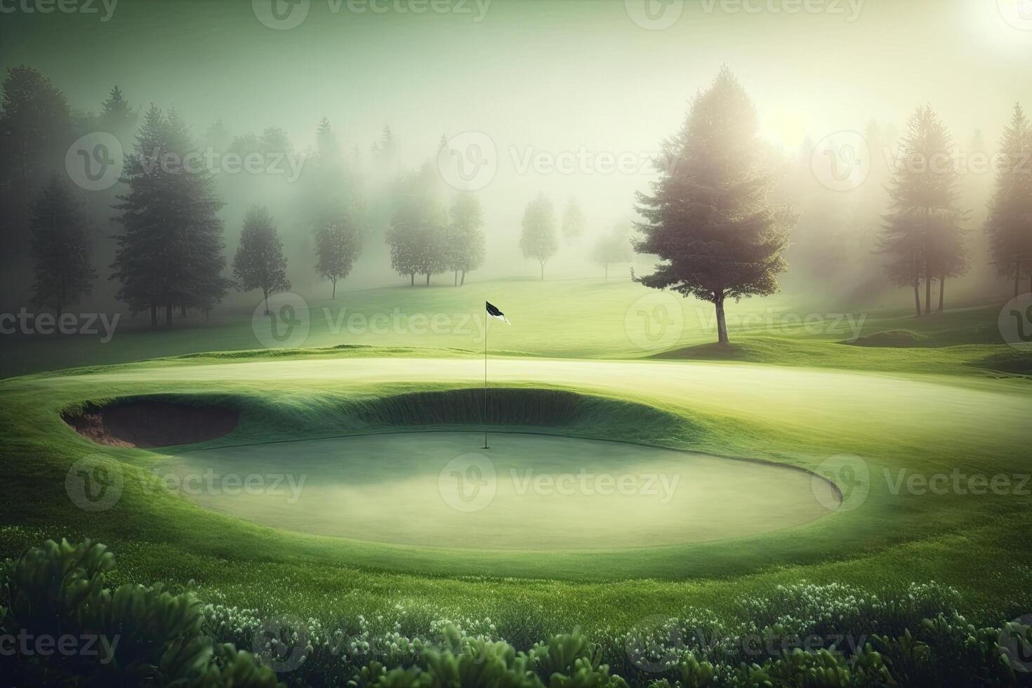 Morning Green golf field with pool with sunlight Made with photo