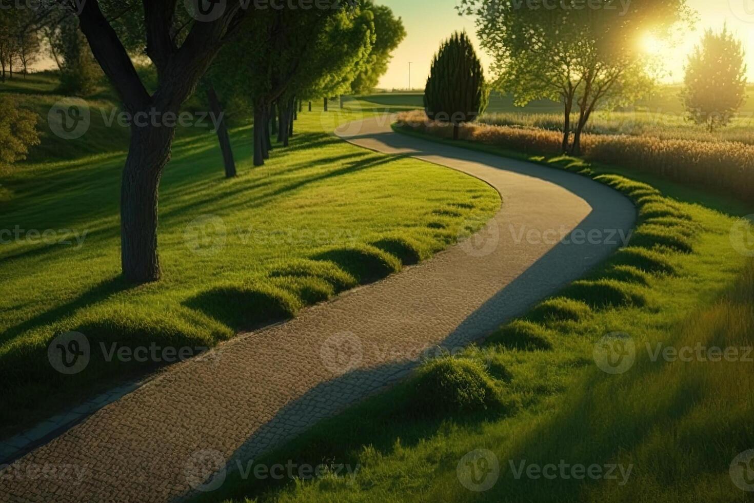 Morning Green golf field with pool with sunlight Made with photo