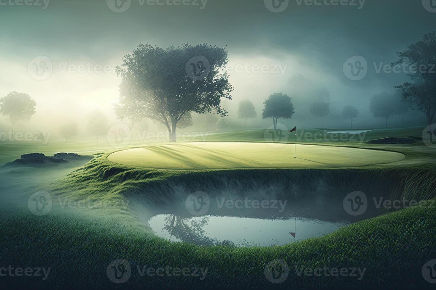 Morning Green golf field with pool with sunlight Made with photo