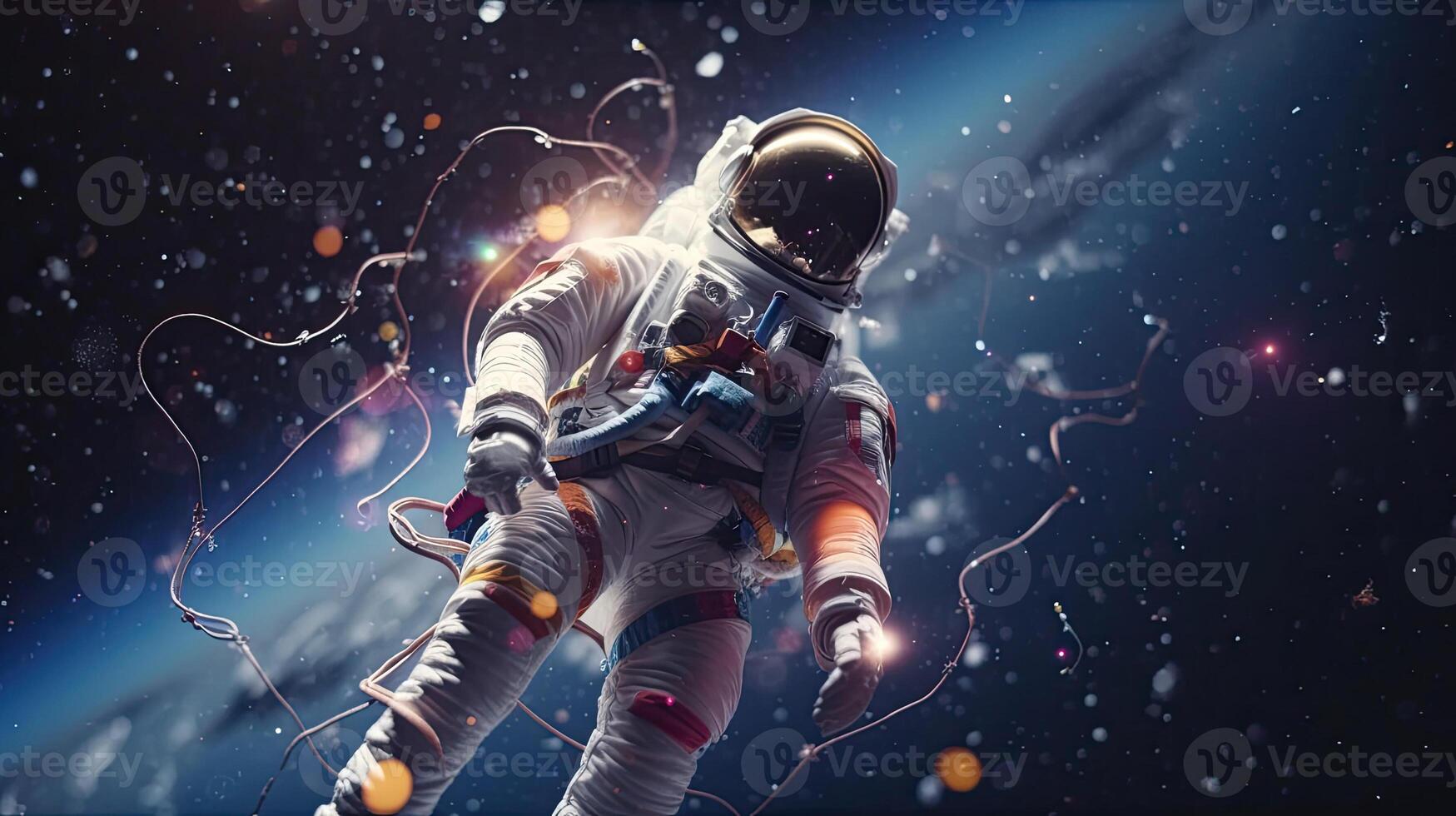 Stranded astronaut in galaxy milky way stars other dimension cloud space explosion background photo