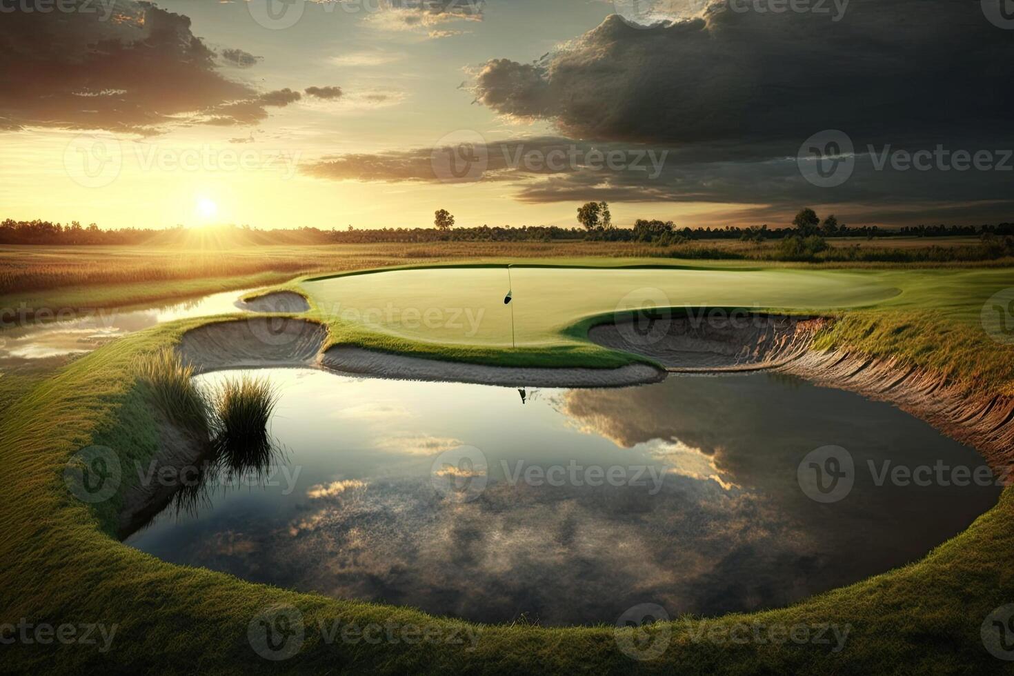 Morning Green golf field with pool with sunlight Made with photo