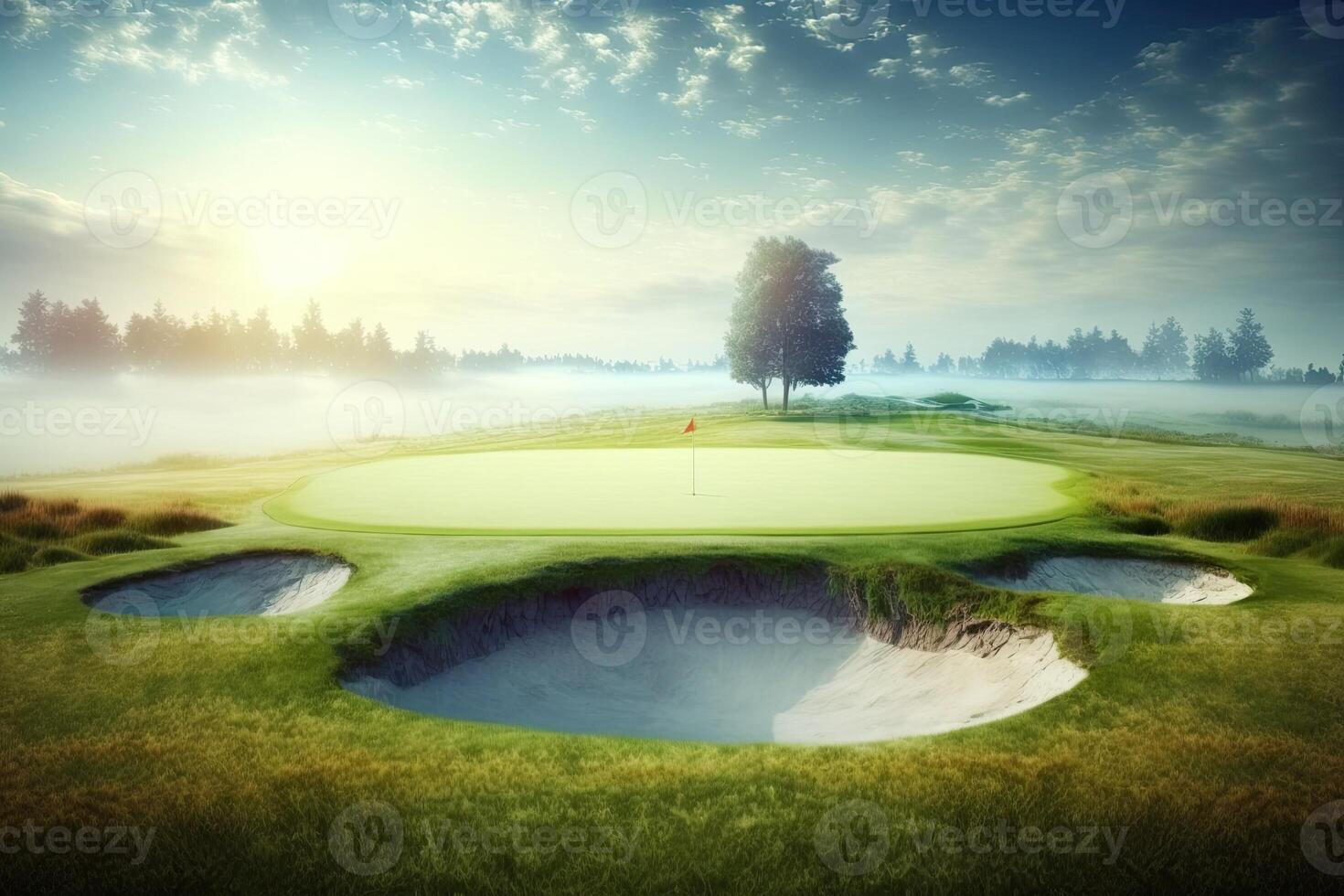 Mañana verde golf campo con piscina con luz de sol hecho con generativo ai foto