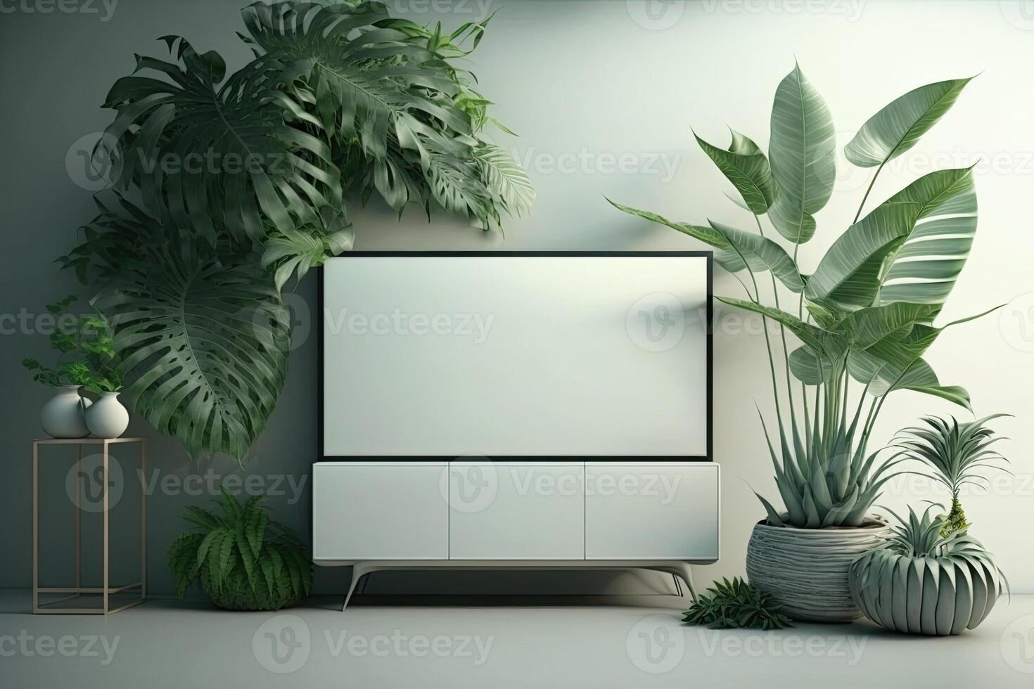 Modern living room with plants, counter and frame.white green pastel color background Made With photo