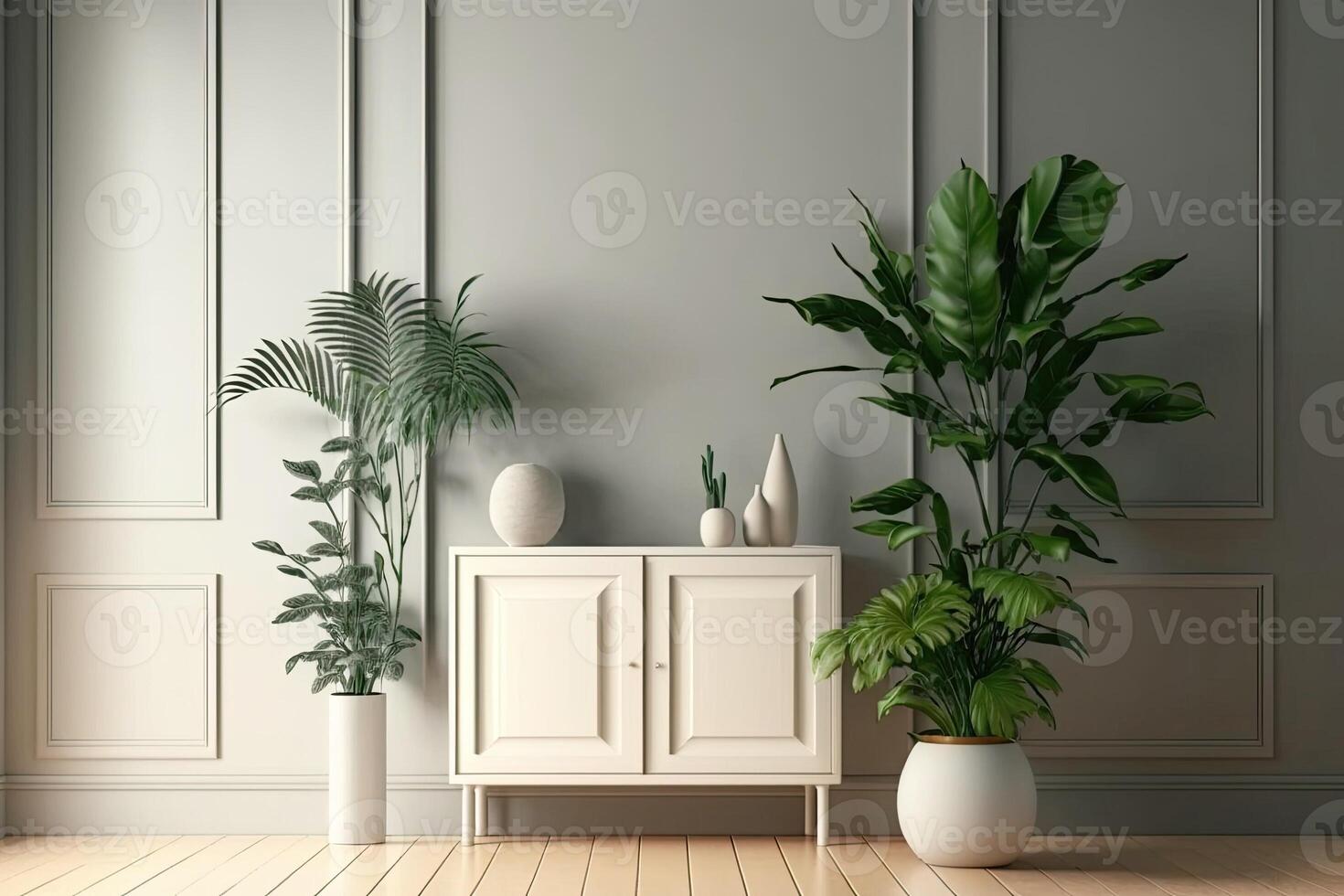 Modern living room with plants, counter and frame.white green pastel color background Made With photo