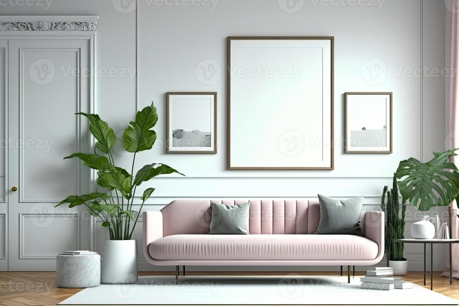 Modern living room with plants, counter and frame.white green pastel color background Made With photo