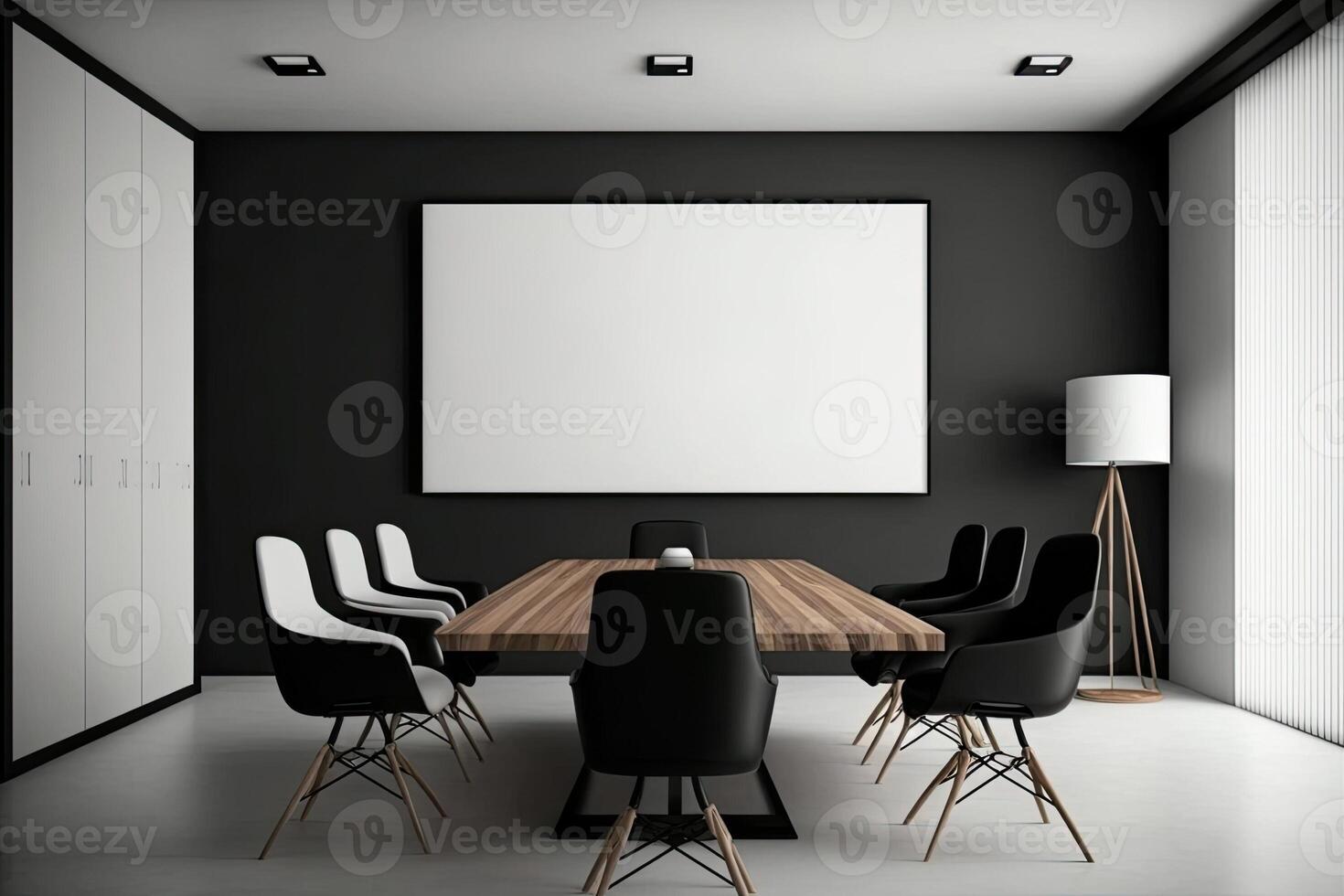 Interior of modern office meeting room black and white with wooden furniture conference table with black chairs and mock up Made with photo