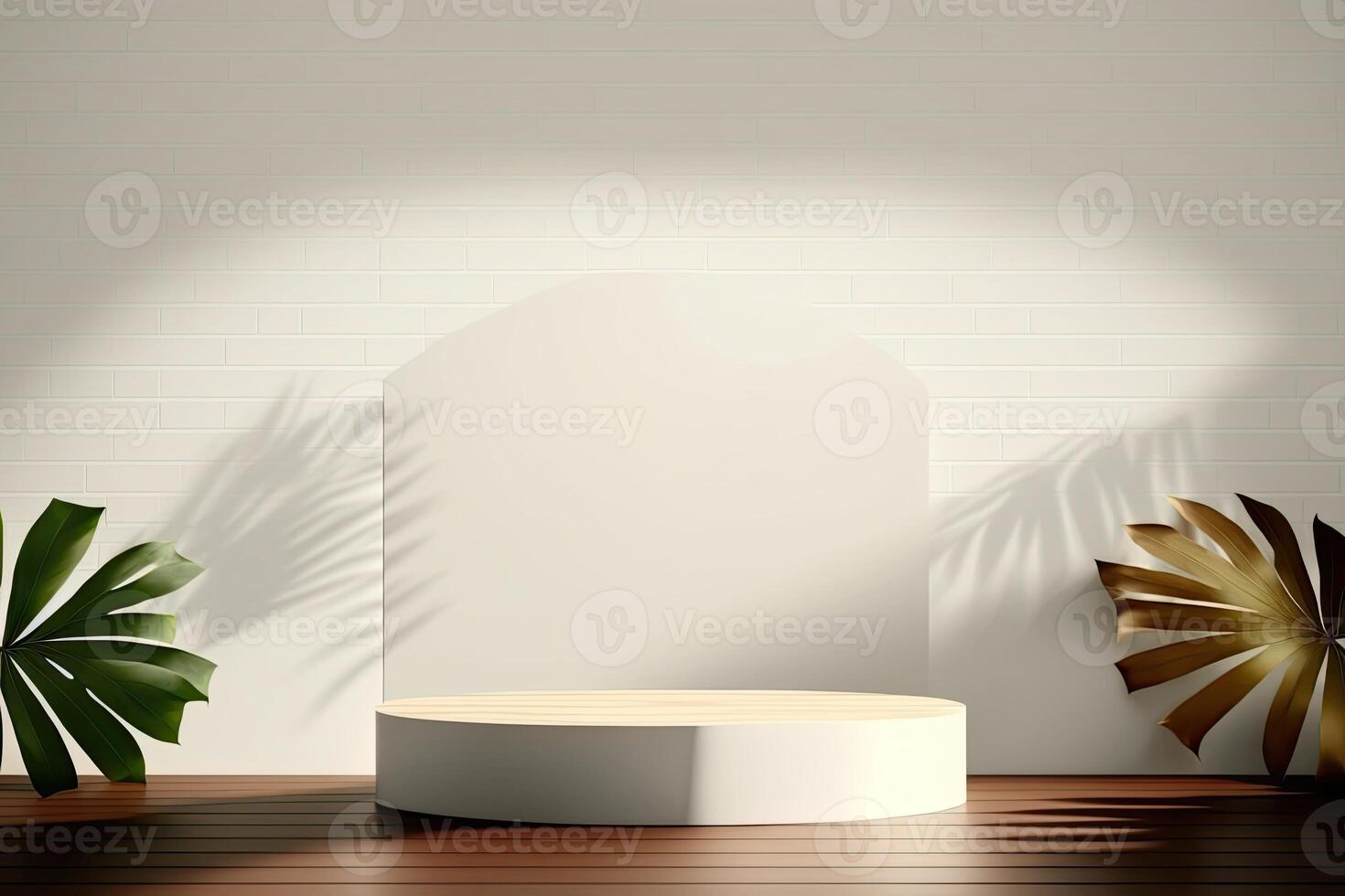 minimalist empty round wooden podium product showcase display with tropical plants photo