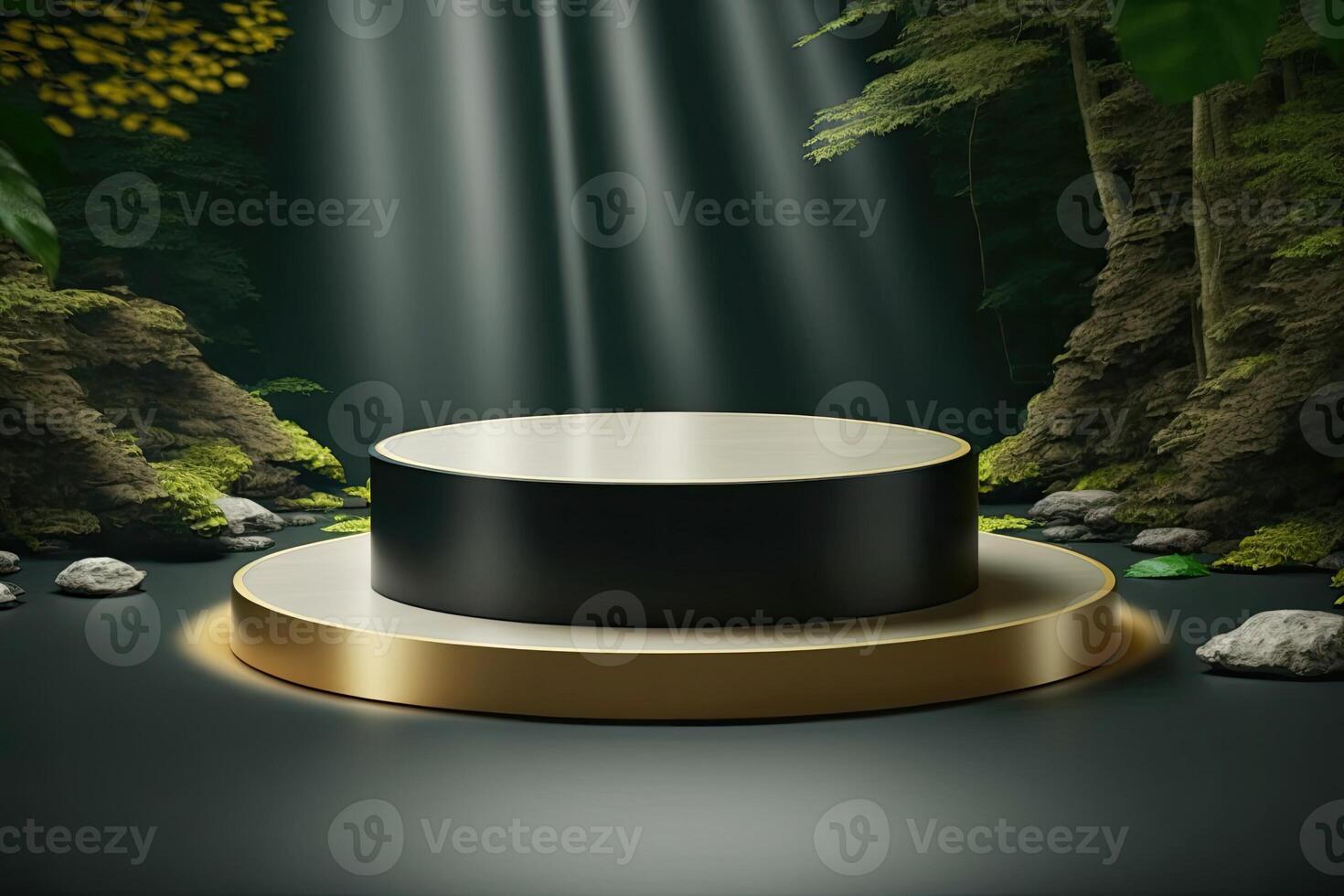White and golden round podium stage product display showcase on natural forest theme photo