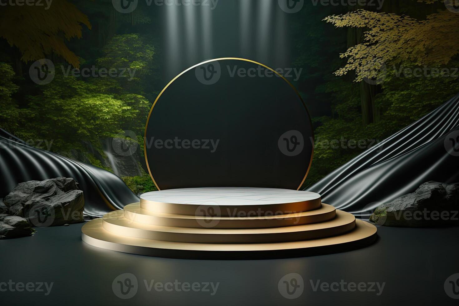 White and golden round podium stage product display showcase on natural forest theme photo