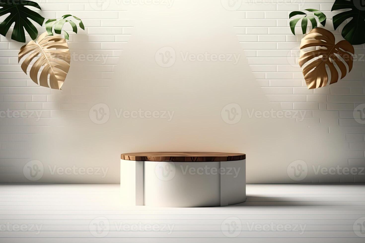 minimalist empty round wooden podium product showcase display with tropical plants photo