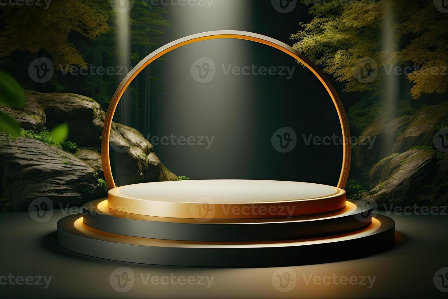 White and golden round podium stage product display showcase on natural forest theme photo