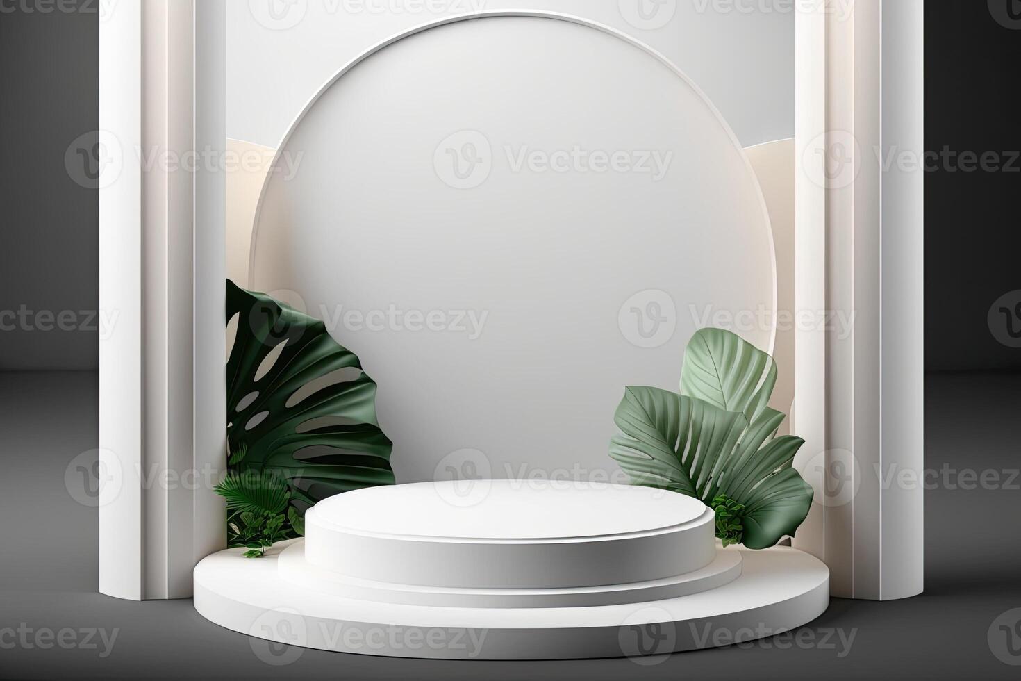 minimalist empty round wooden podium product showcase display with tropical plants photo