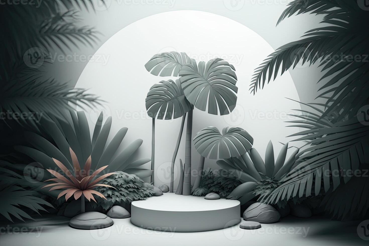 White green empty round podium platform tropical nature plants product showcase photo