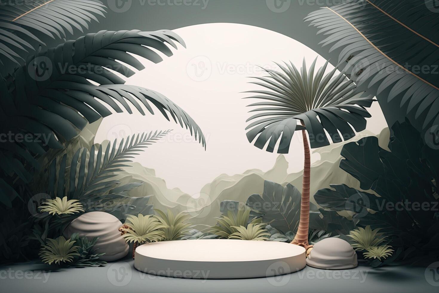 White green empty round podium platform tropical nature plants product showcase photo