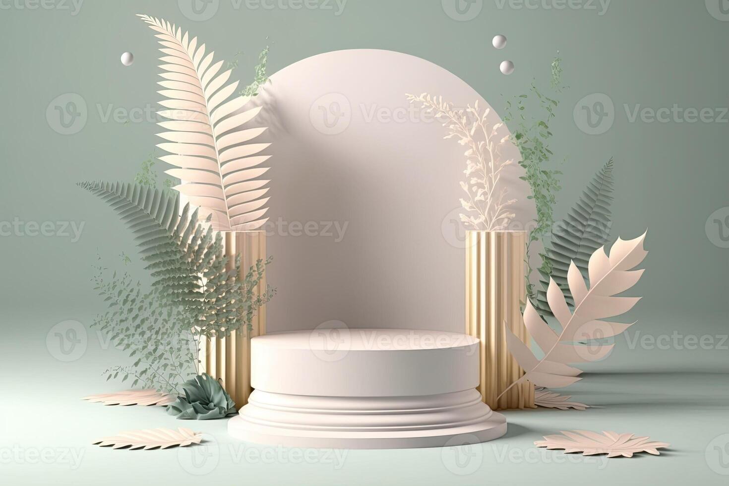 Empty minimalist soft pastel color podium product display with tropical plants background photo
