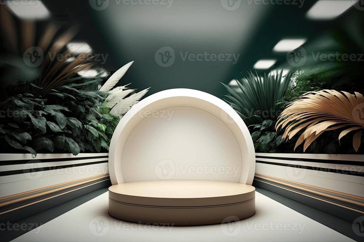 minimalist empty round wooden podium product showcase display with tropical plants photo