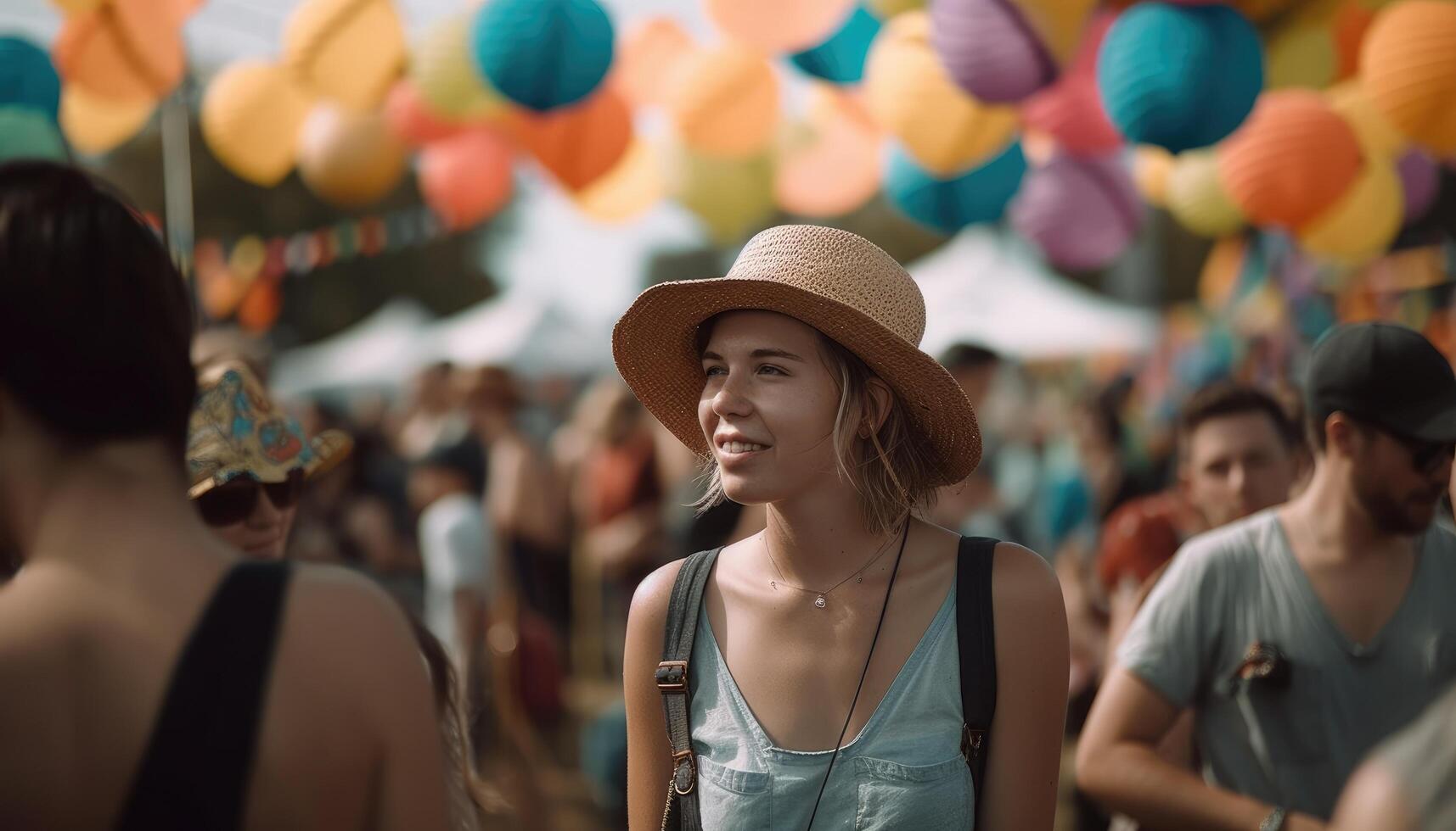 alguien disfrutando un verano festival con multitudes de personas y vistoso decoraciones generativo ai foto