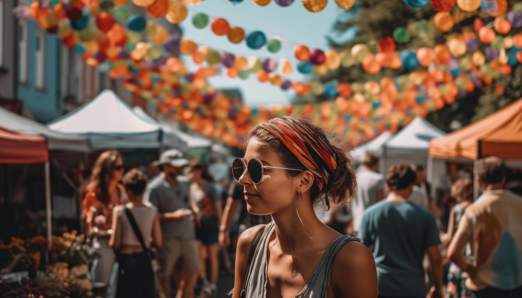 Someone enjoying a summer festival with crowds of people and colorful decorations. photo