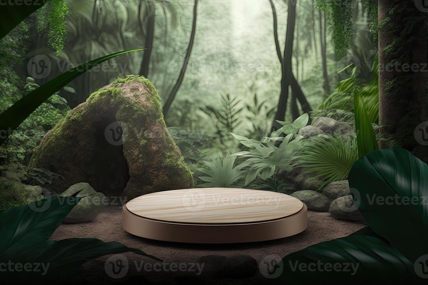 Flat circle round podium platform product display presentation tropical nature forest Made with photo