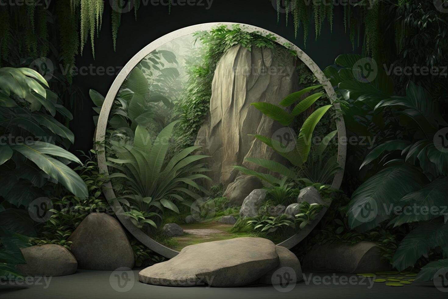 Flat circle round podium platform product display presentation tropical nature forest Made with photo