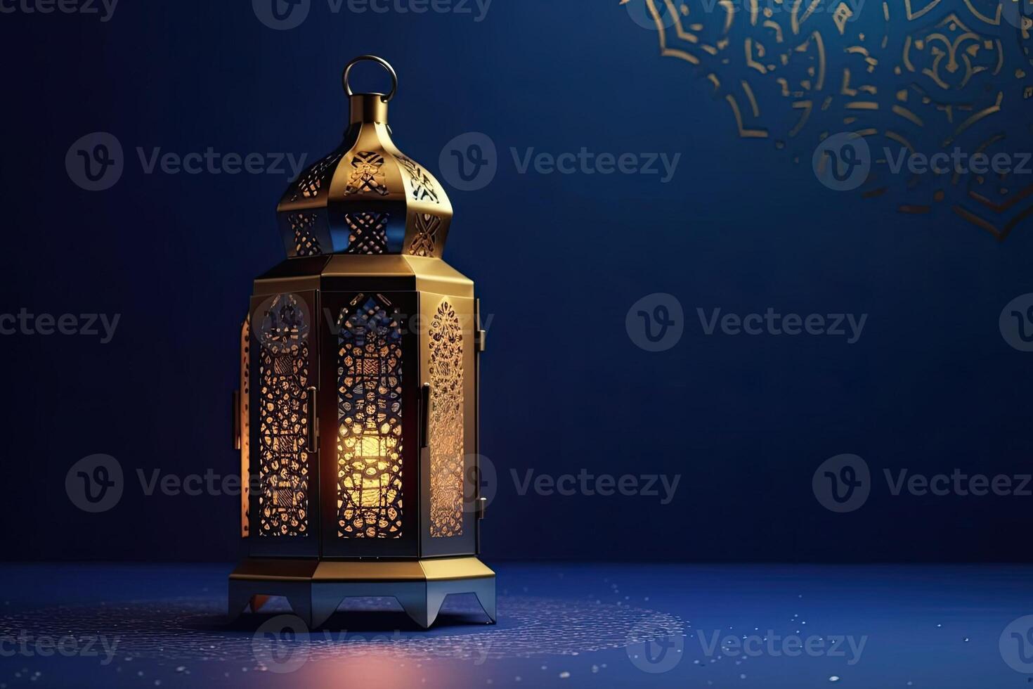 Islamic golden lantern stands with candle light and arabian ornament ramadan kareem background photo