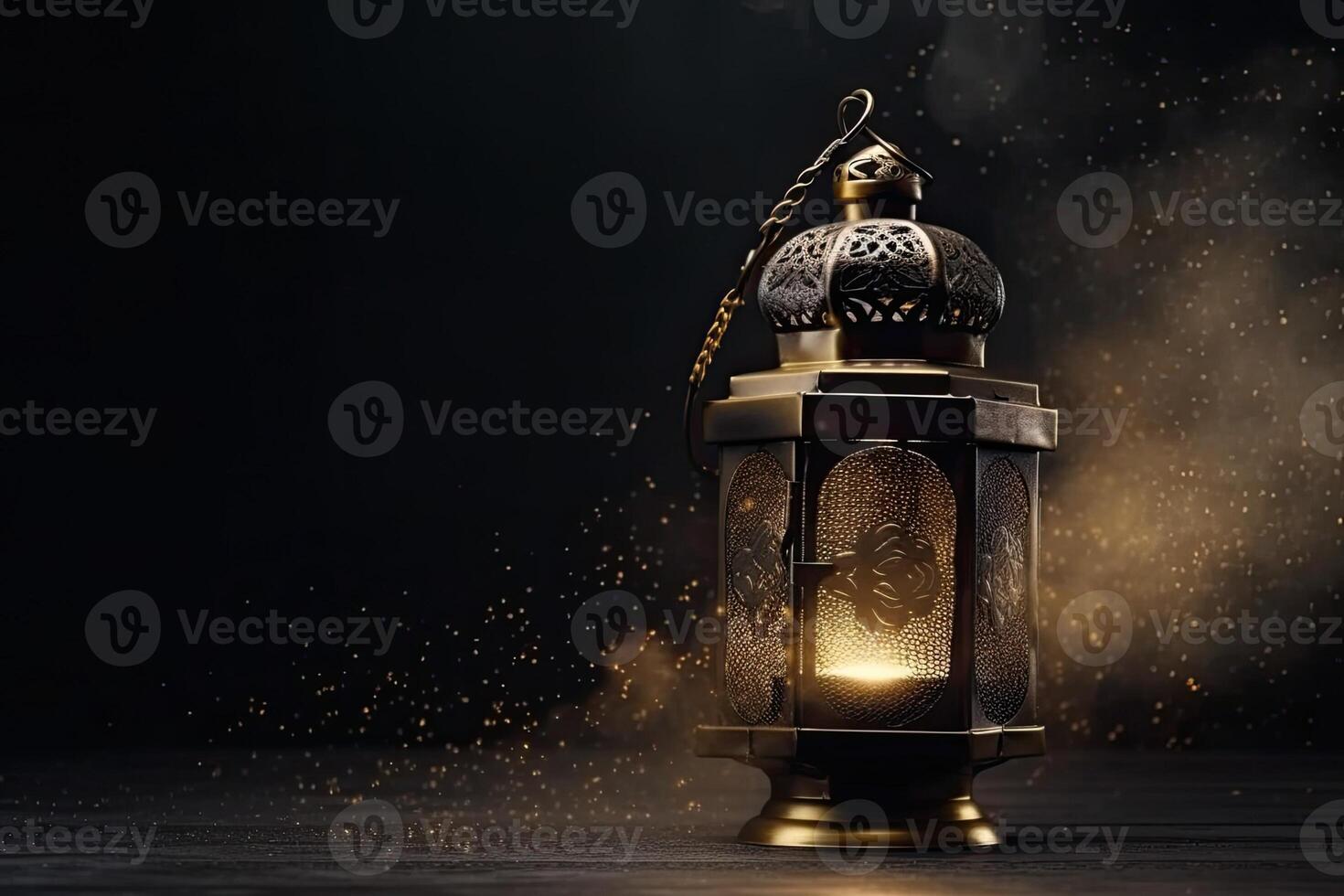 Islamic gold lantern stands with candle light ornament ramadan kareem green background photo