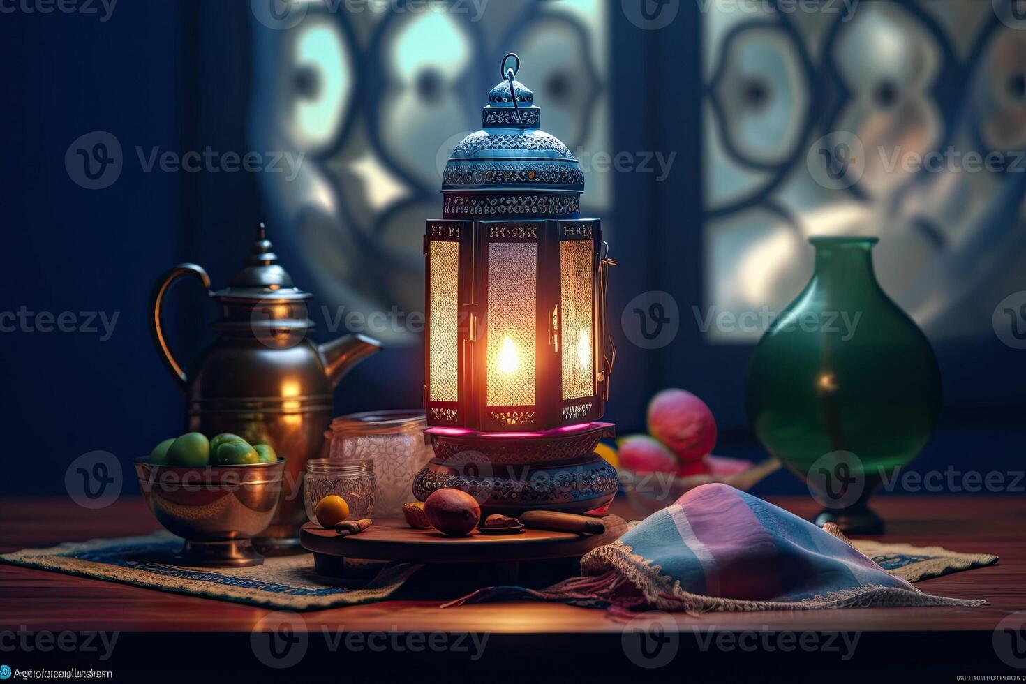 Ramadan mosque illustration lantern light candle dark cinematic background photo
