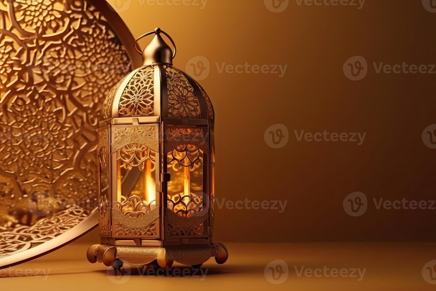 Islamic gold lantern stands with candle light ornament ramadan kareem green background photo