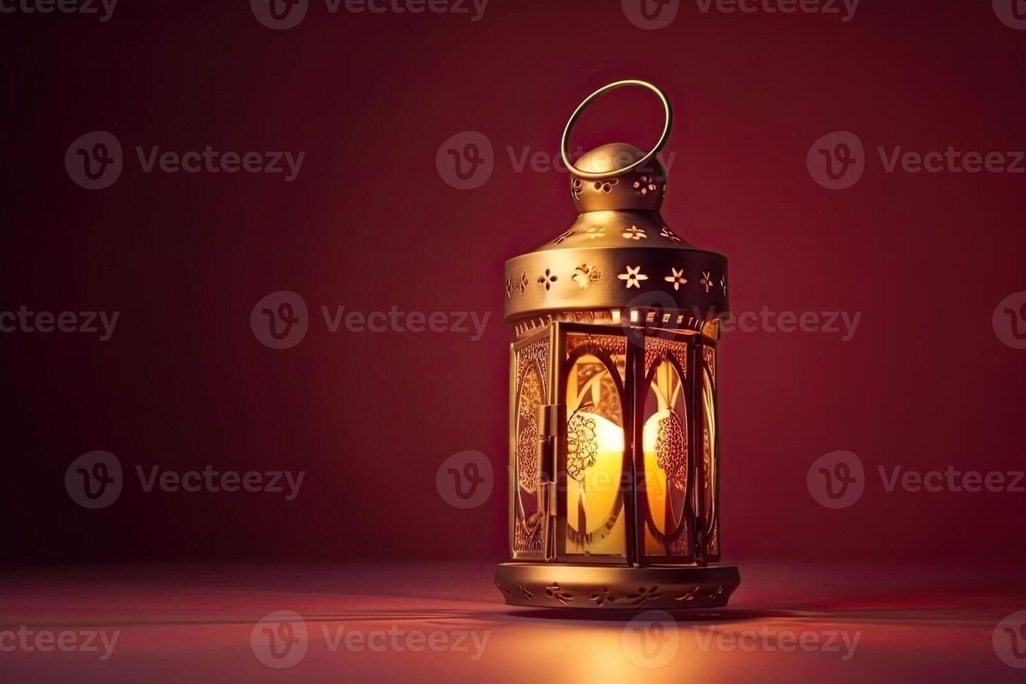 Islamic lantern stands with candle light and arabian ornament, ramadan kareem maroon background photo