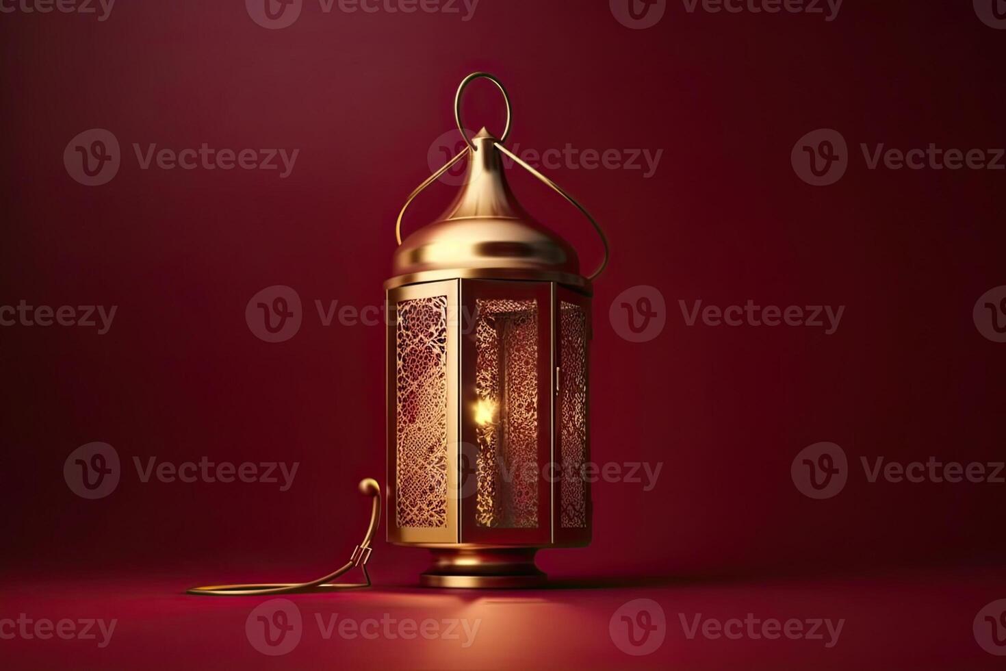 Islamic lantern stands with candle light and arabian ornament, ramadan kareem maroon background photo