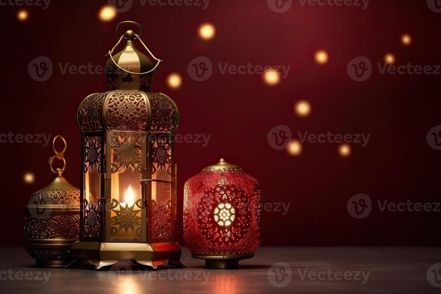 Islamic lantern stands with candle light and arabian ornament, ramadan kareem maroon background photo