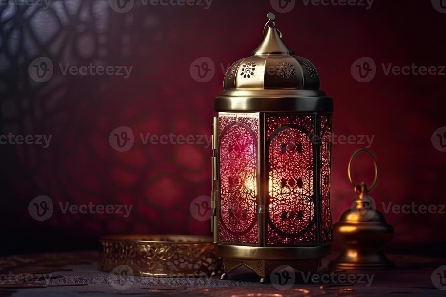 Islamic lantern stands with candle light and arabian ornament, ramadan kareem maroon background photo