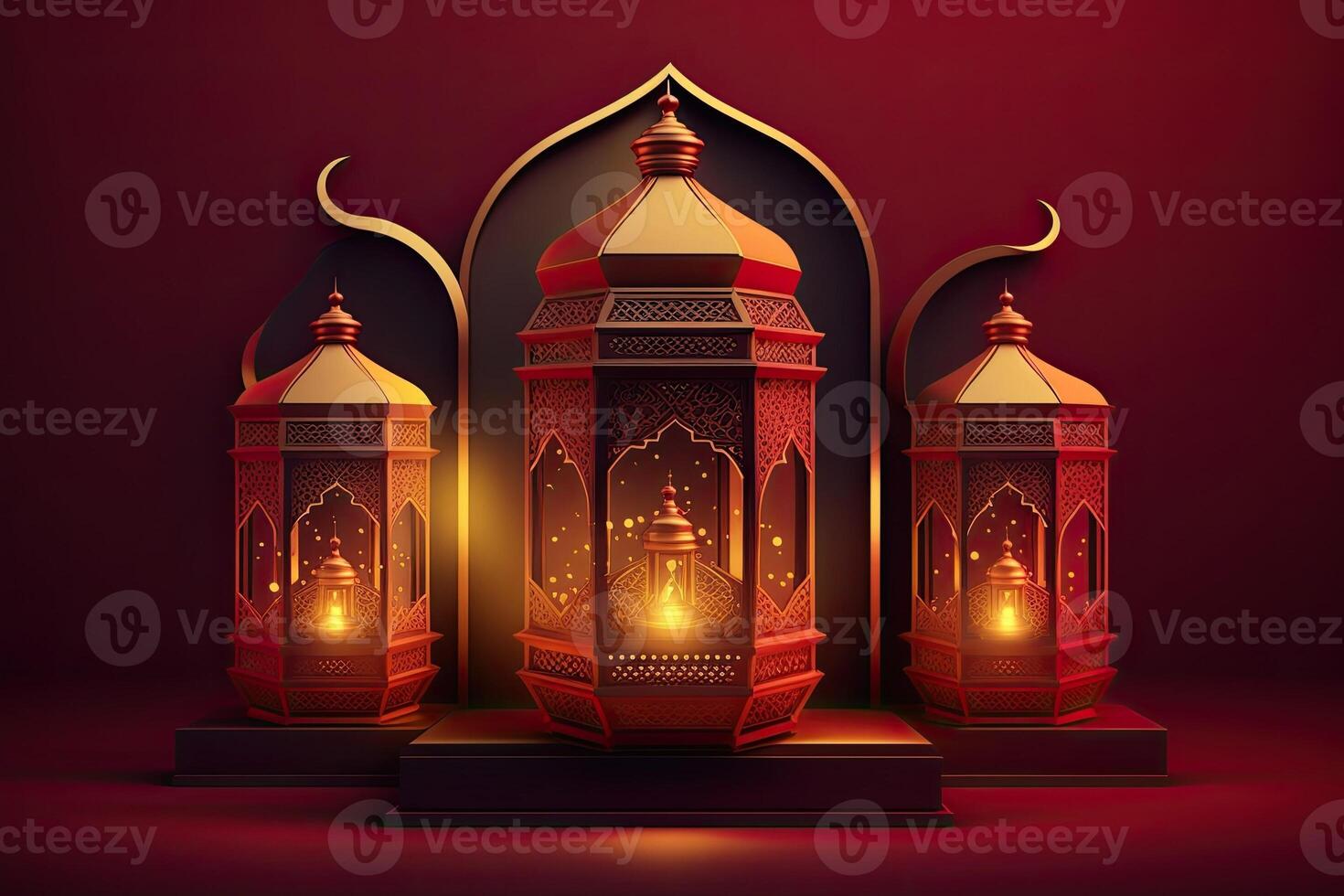 Islamic lantern stands with candle light and arabian ornament, ramadan kareem maroon background photo