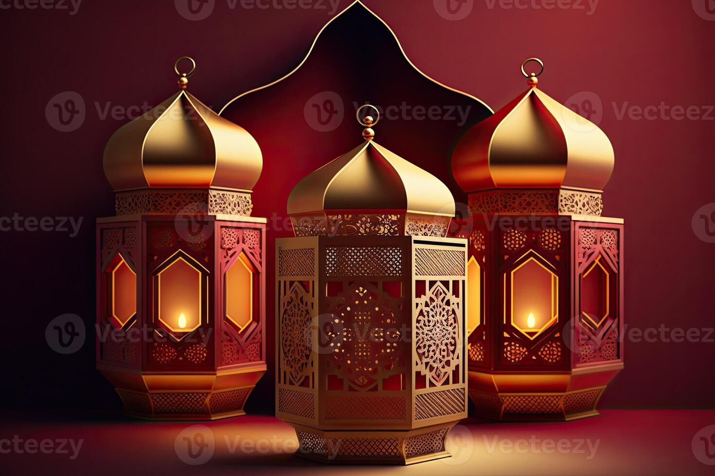 Islamic lantern stands with candle light and arabian ornament, ramadan kareem maroon background photo