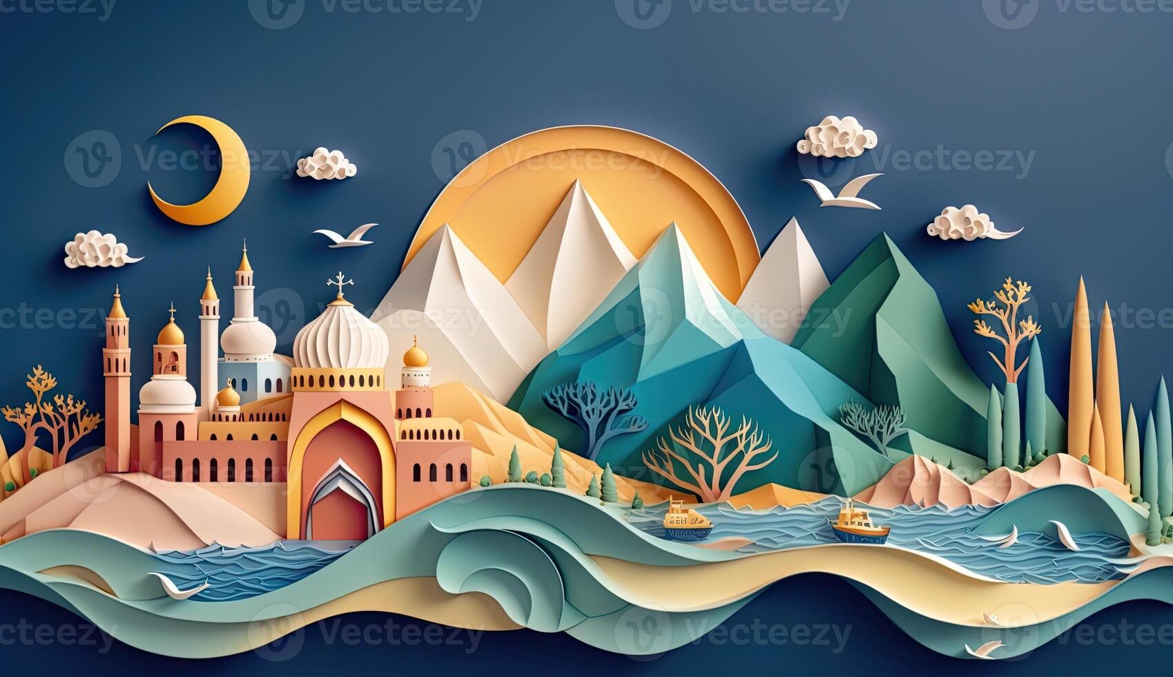 ramadan mosque paper quilling mountain and sea landscape cutting paper with blue sky background photo