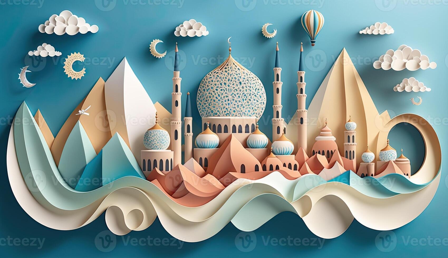 ramadan mosque paper quilling mountain and sea landscape cutting paper with blue sky background photo