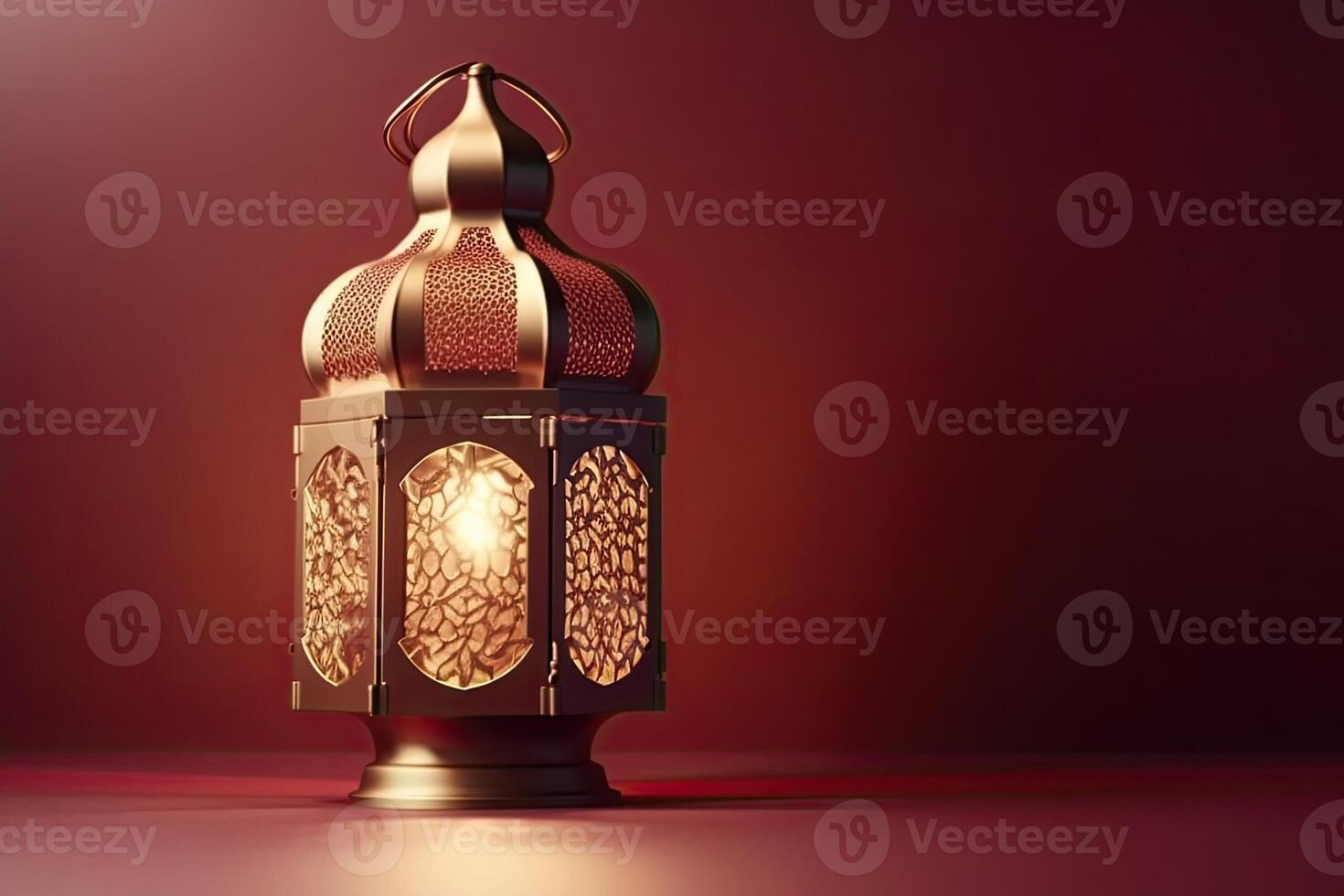 Islamic lantern stands with candle light and arabian ornament, ramadan kareem maroon background photo