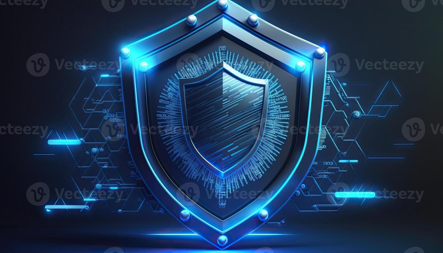 Cyber security digital data protection shield on blue background. Database security software development.Made with photo